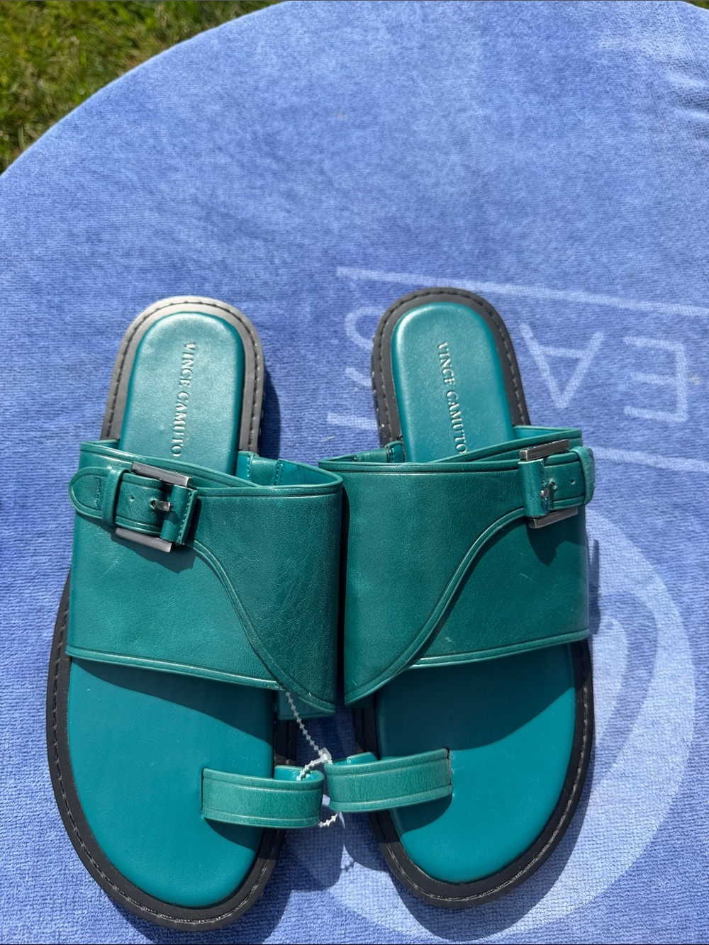 Vince Camuto Teal Buckle Toe-Loop Leather Slides